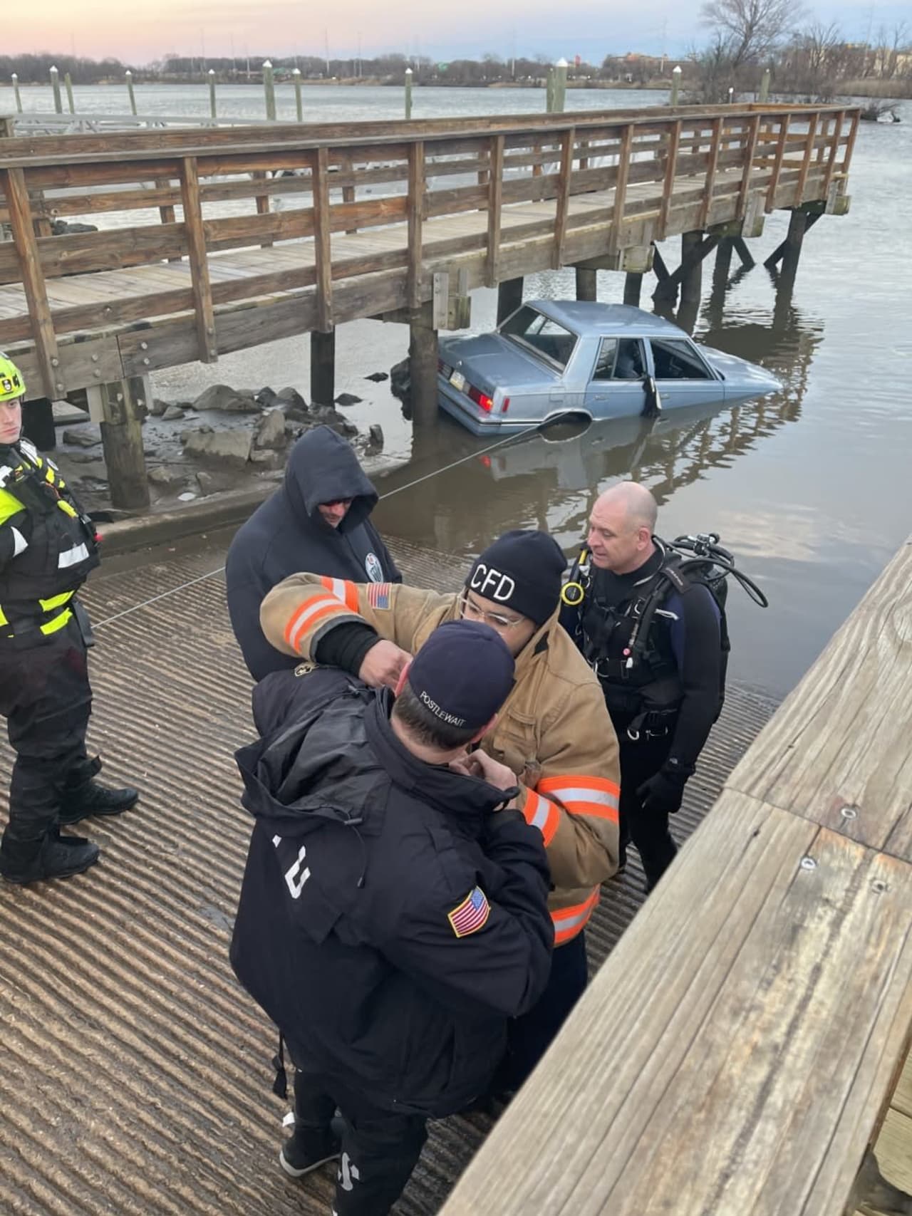 A Ridley driver was rescued from his car after it submerged 15 feet into the Delaware River Monday, authorities said.