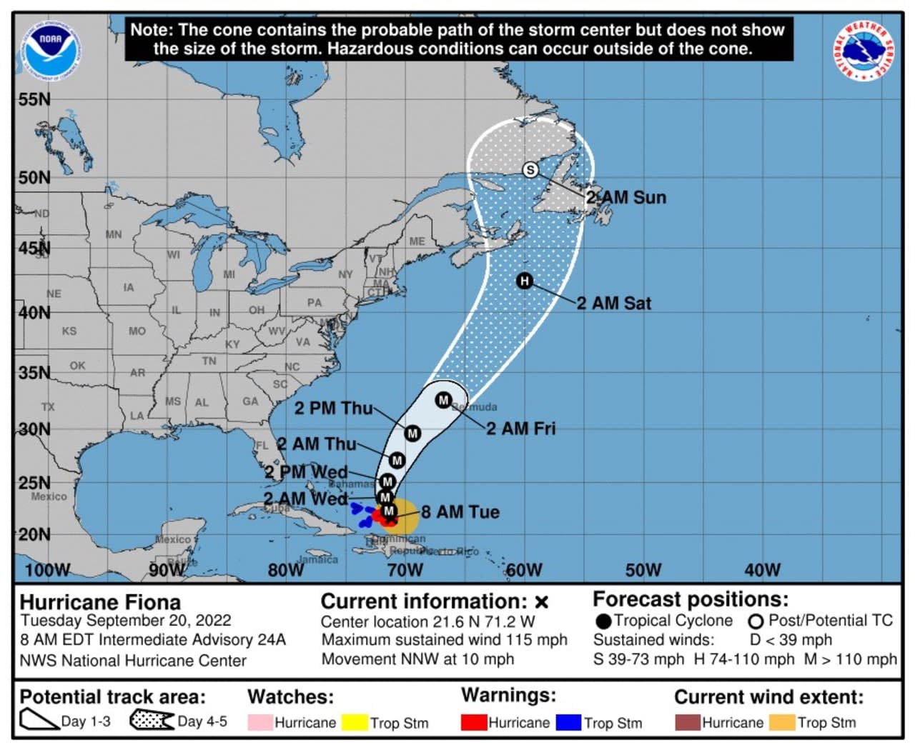 The latest projected timing and track for Hurricane Fiona through Sunday, Sept. 25.