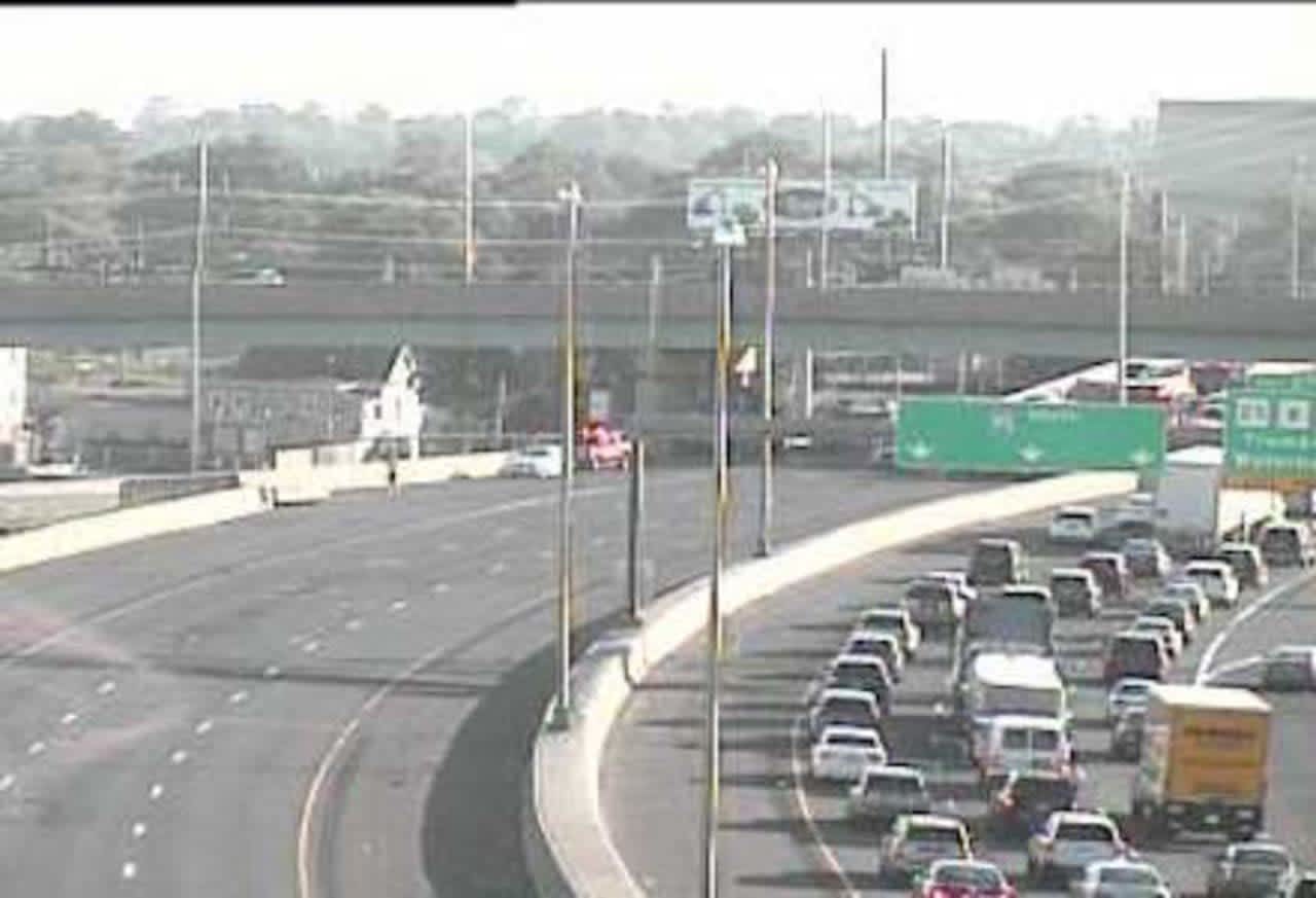 Traffic is building Sunday evening on I-95 northbound in Bridgeport after a crash.