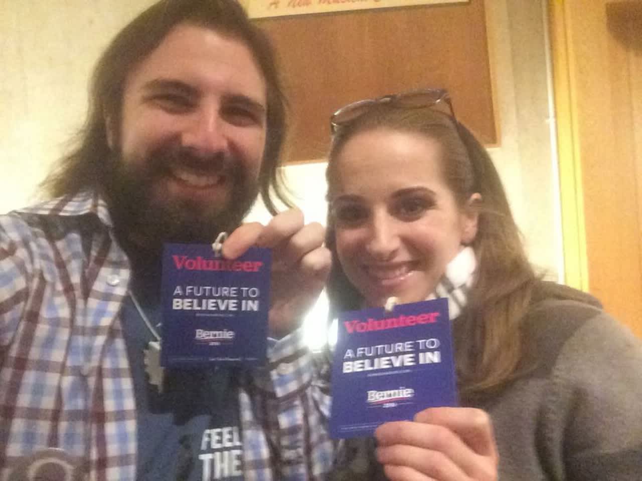 Connecticut Bernie Sanders supporters Nina Sherwood of Stamford and Chris Yerinides of Norwalk are among the many energized by Monday's Iowa caucus.