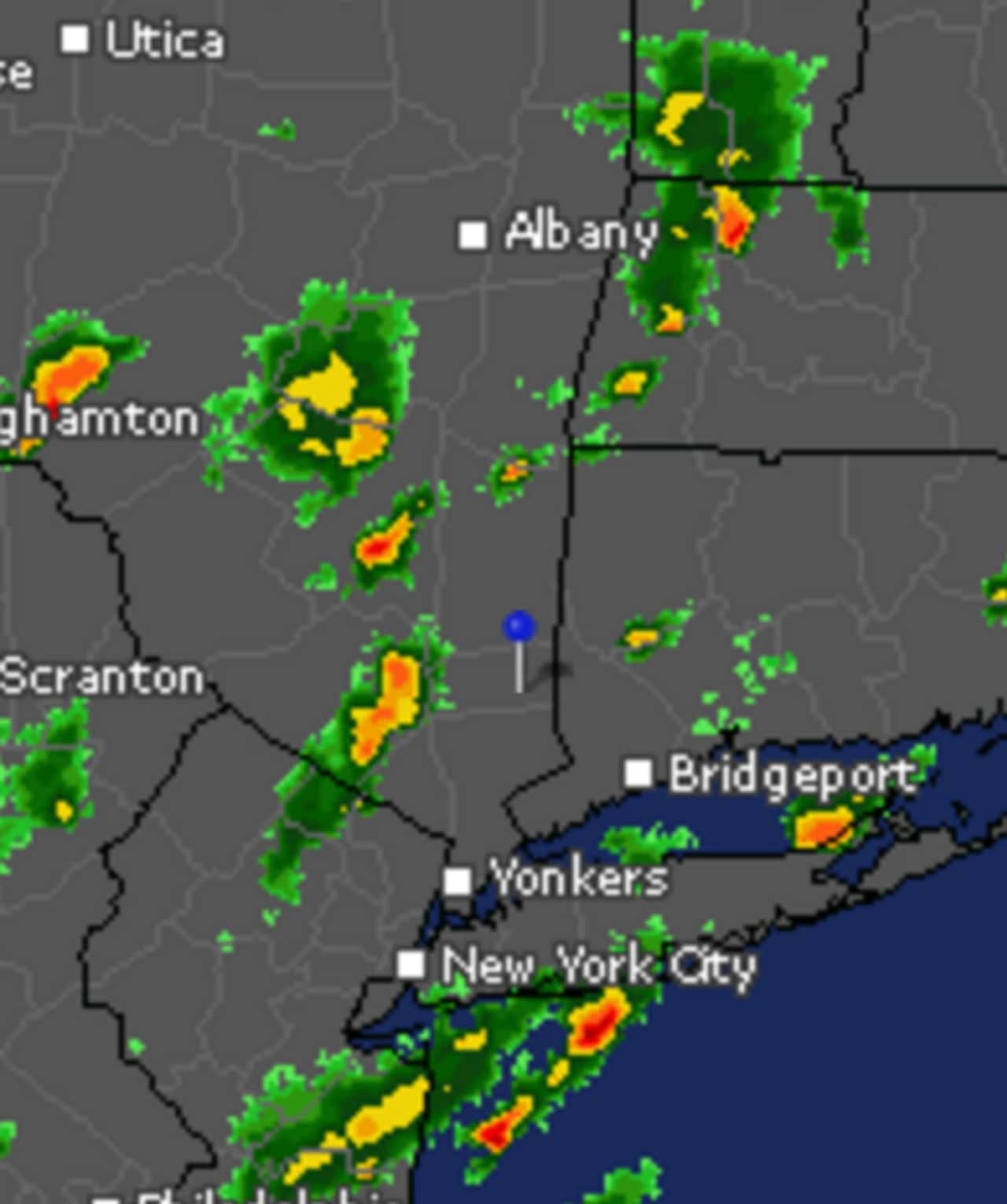 A radar image showing storms moving through the area early Tuesday evening.