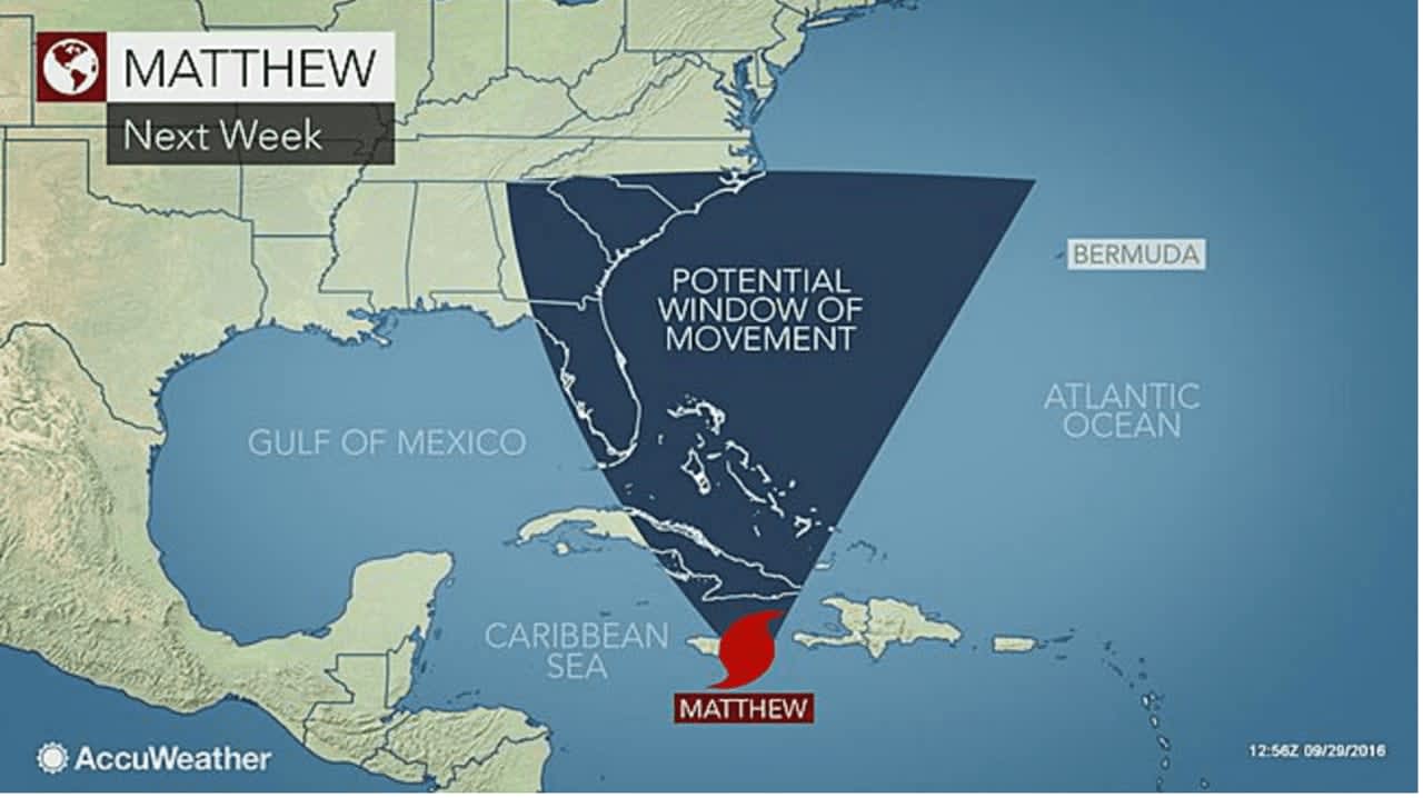 Matthew, which had been a tropical storm, was named a hurricane on Thursday. Above, a look at its potential movement next week.