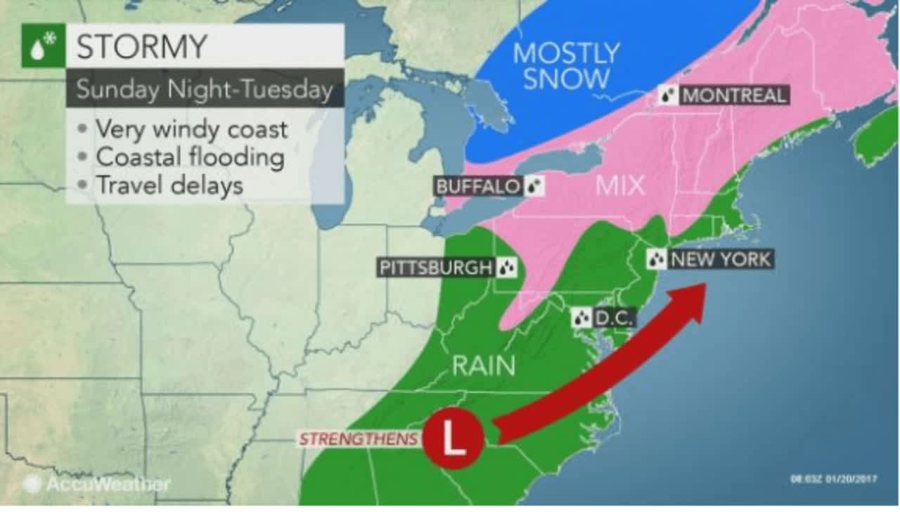 A look at areas where the Nor'easter could include a wintry mix or snow (shaded in pink).