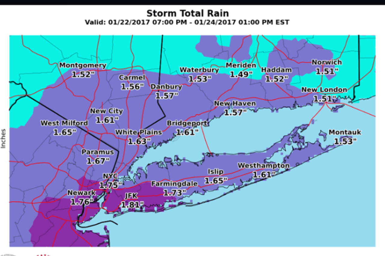 Projected rainfall amounts from the Nor'easter that will impact the area late Sunday night into early Tuesday morning.