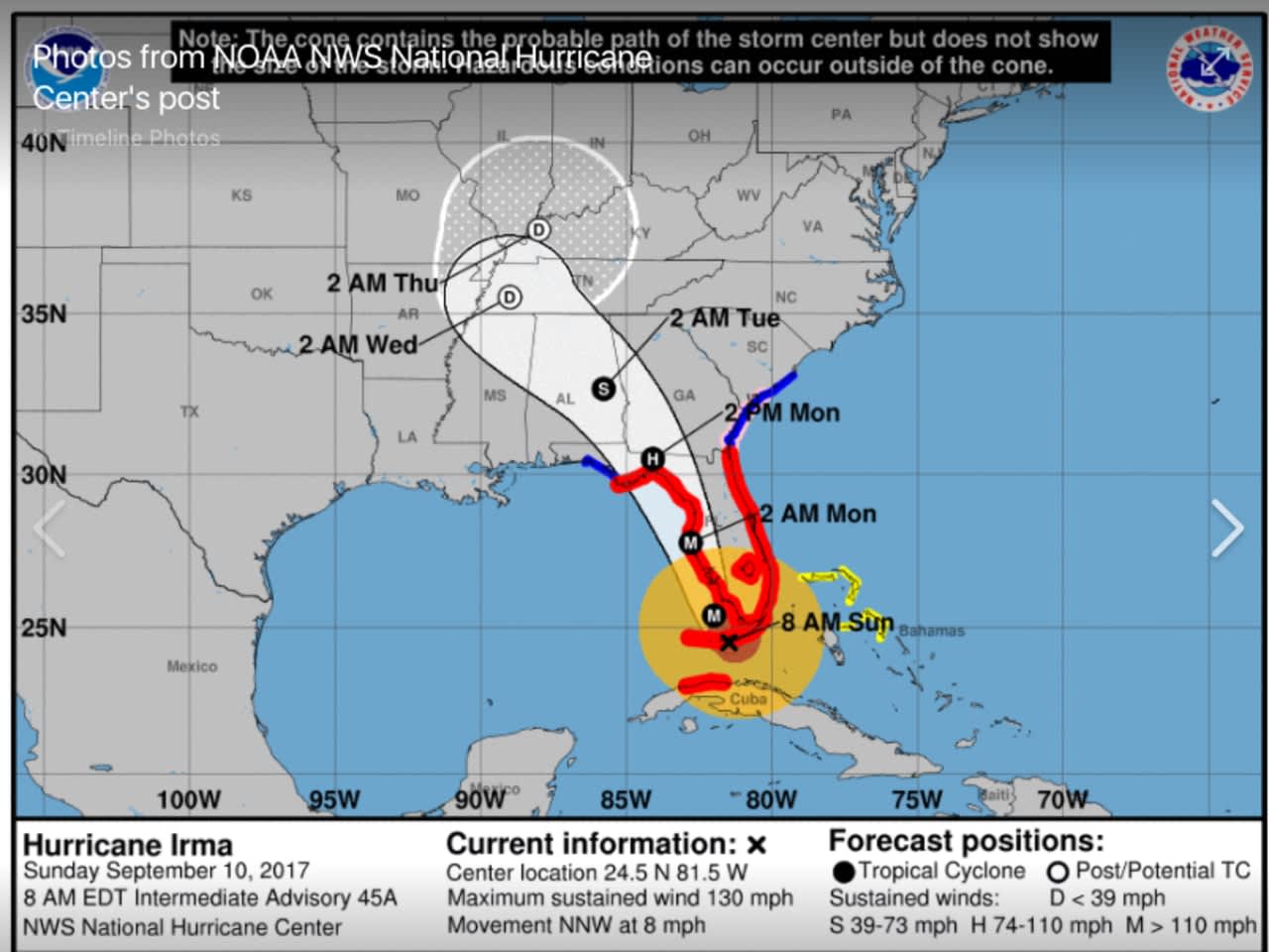 Updated forecast path for Hurricane Irma.