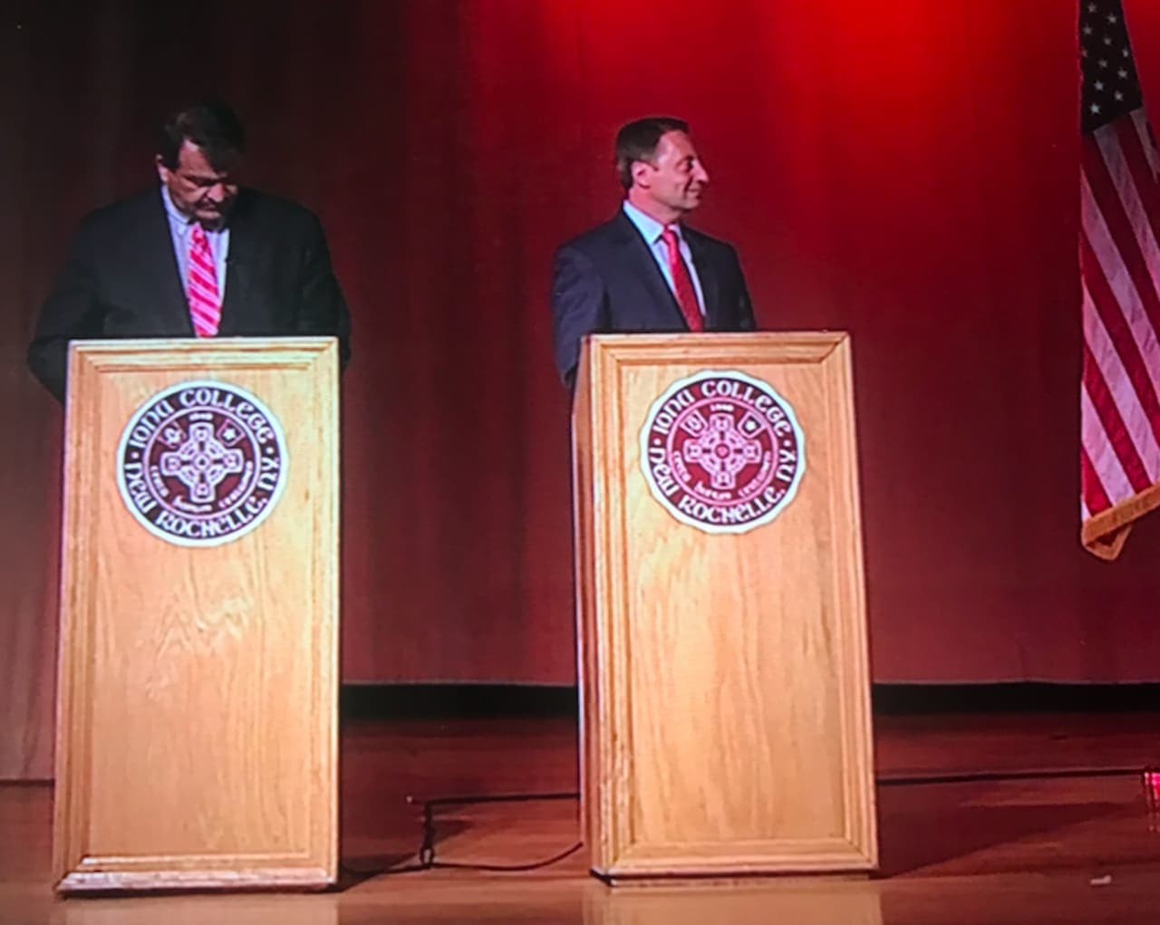 George Latimer and Rob Astorino at their debate Wednesday night in New Rochelle.