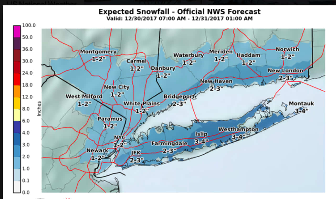 A look at snowfall projections for Saturday's storm shows higher amount farther east in the tristate region.