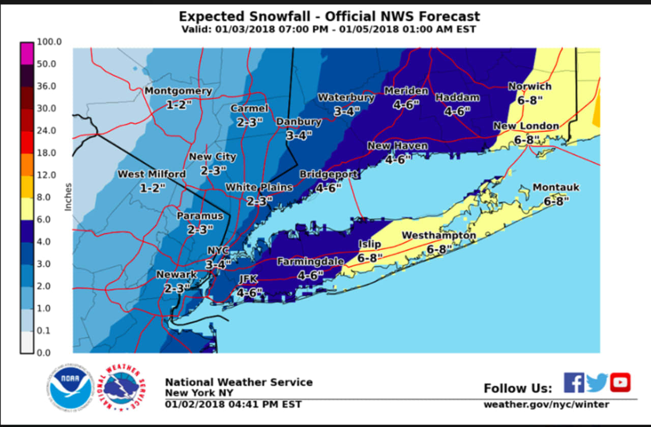 Snowfall projections for the storm arriving overnight Wednesday and continuing through Thursday.
