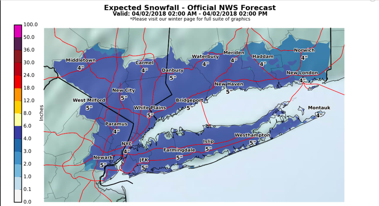 A look at projected snowfall totals for the storm, released by the National Weather Service early Sunday morning