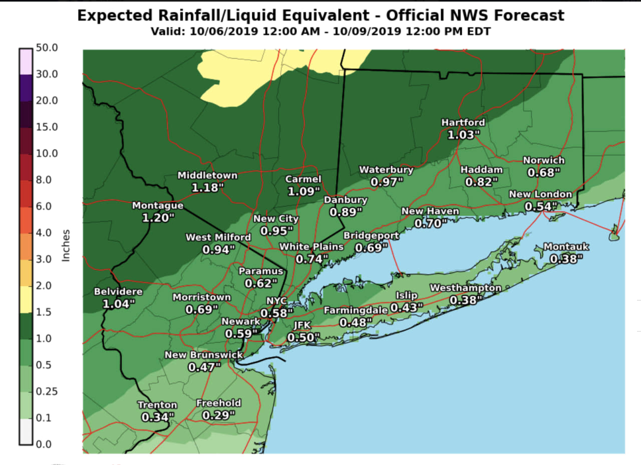 A look at projected rainfall totals through noontime Wednesday, Oct. 9.