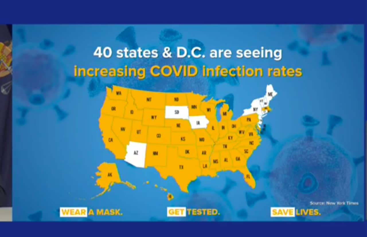 A look at the 40 states, and the District of Columbia, seeing an increase in COVID-19 cases (shown in yellow).