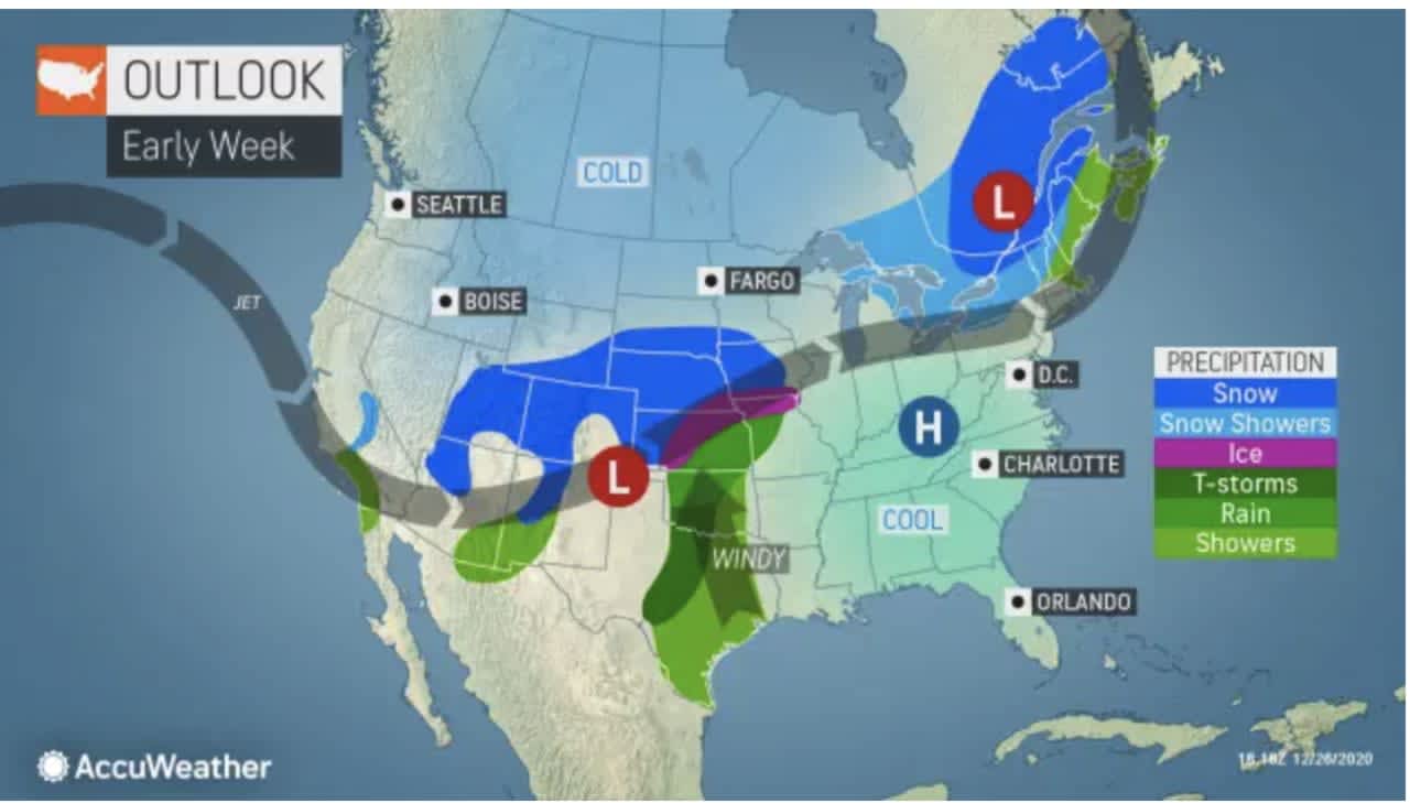 A look at the weather pattern early in the week before the expected arrival of a storm system on New Year's Eve, Thursday, Dec. 31.