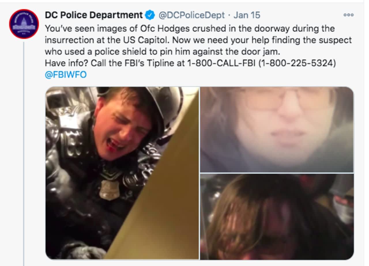 The violent assault of the officer (shown at left) prompted police to issue an alert for the public's help in locating the suspect (shown at right), now identified as Patrick Edward McCaughey III, of Ridgefield,