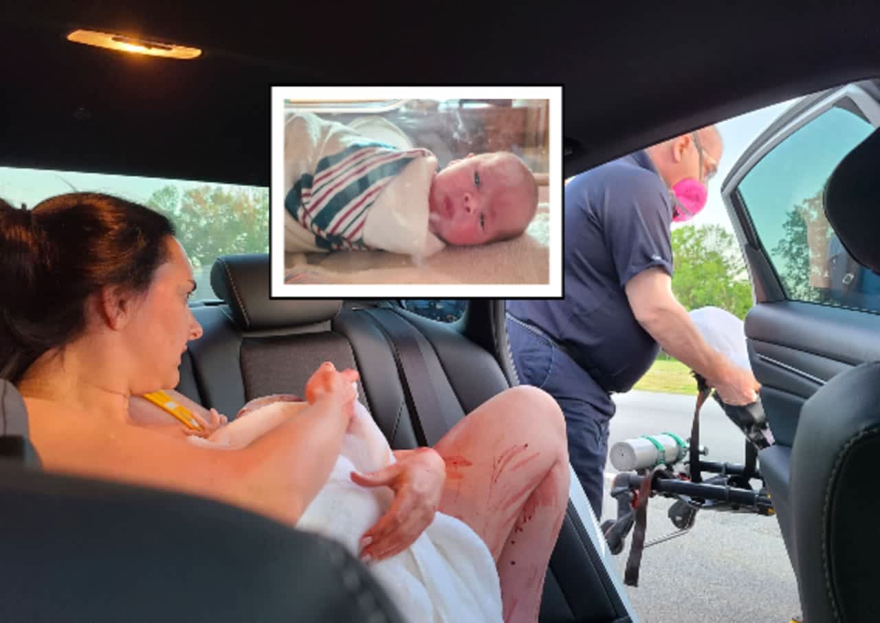 Emily Hardman of Briarcliff Manor, NY moments after delivering baby Rosemary Claire in the back seat of her car on Route 78 in Lebanon, NJ.