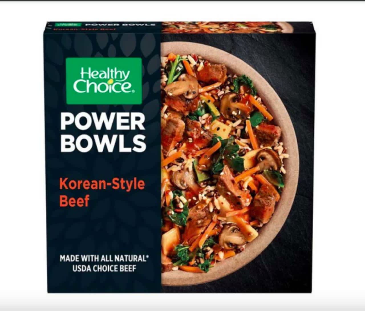 Cartons labeled as “Healthy Choice POWER BOWLS Korean-Style Beef” with lot code “5246220320” and a “best if used by” date of 04-18-2023.