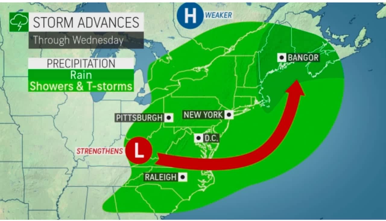 The storm system is expected to veer far to the east after moving up from the mid-Atlantic.