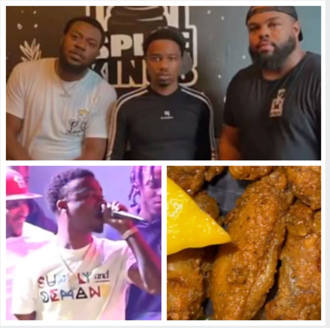 Roddy Ricch at Spice Kings Kitchen (top), his favorite dish (bottom right), and a live performance photo from Aug. 13, 2019.