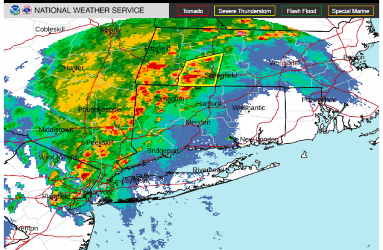 A radar image of the region on Thursday morning, Sept. 22, shows storm activity, including severe storms (marked in red).