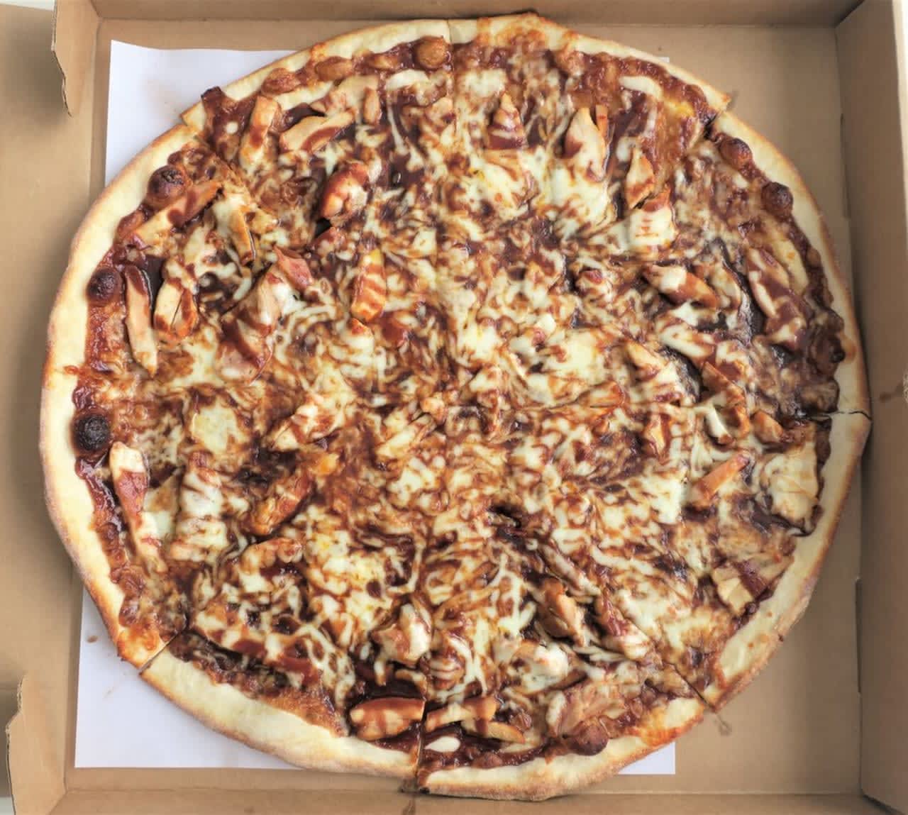 BBQ Chicken Pizza with breaded chicken, mozzarella cheese and tangy BBQ sauce from Bob’s Thin Crust Pizza (83 Old Tappan Road in Tappan)