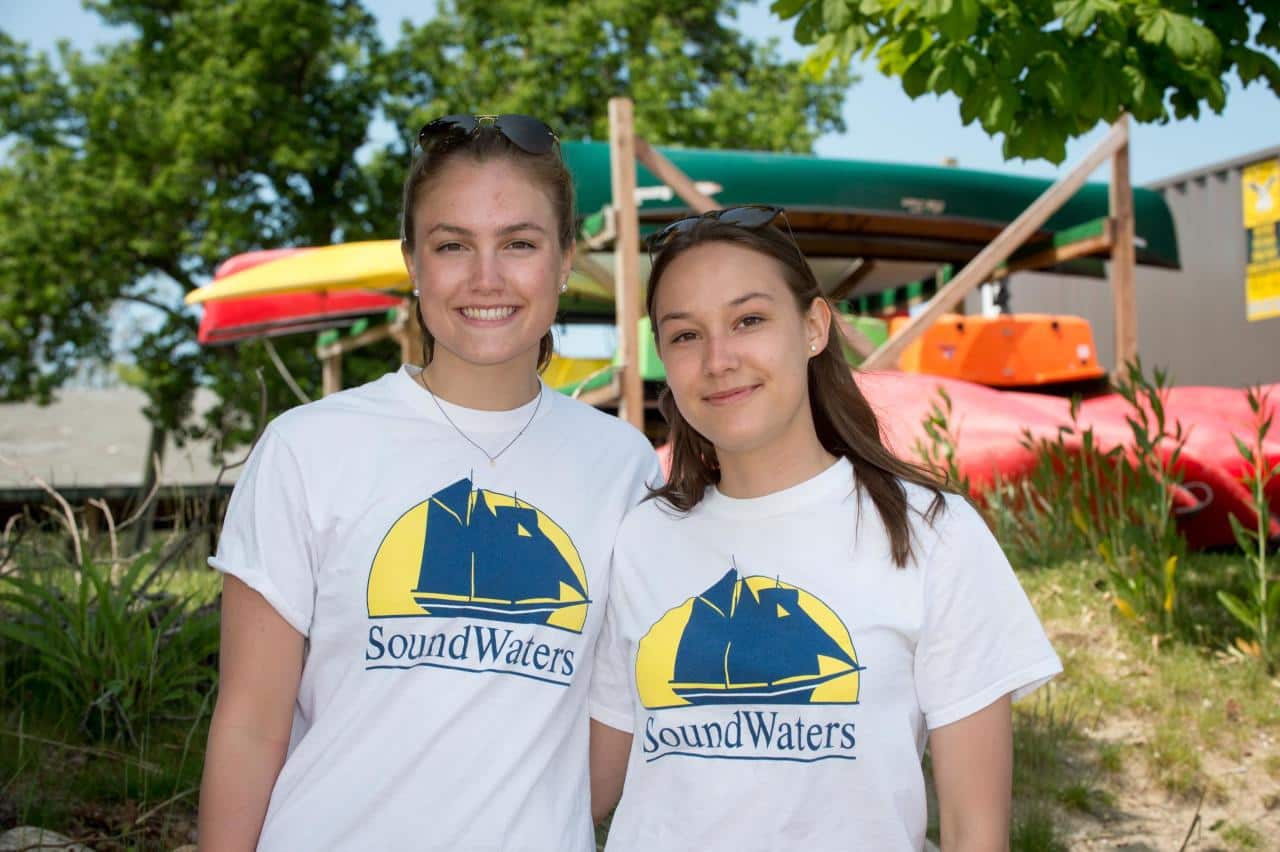 Scarsdale High School senior interns Scottie Berridge and Sarah Saxena taking a break between teaching classes at SoundWaters at Cove Island Park in Stamford.
