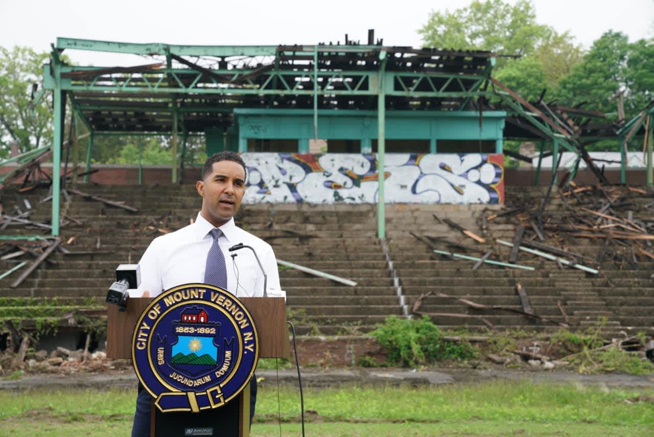 Mount Vernon Mayor Richard Thomas announcing the beginning of demolition of the grandstands at Memorial Field.