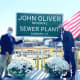 Danbury Mayor Mark Boughton with John Oliver at the city's newly minted sewer plant.