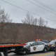 The stolen flatbed truck after the chase finally ended late Monday morning on Route 59 in Hillburn.
