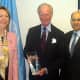 The UNA-NY 2008 Distinguished Service Award is presented to Ambassador Joseph Reed in 2008 at the United Nations by New York chapter President Peter Rajsingh and Executive Director Ann Nicol.
