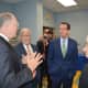 Sikorsky President Dan Schultz discusses manufacturing with HCC Advanced Manufacturing Director Richard DuPont, Gov. Dannel Malloy and Lt. Gov. Nancy Wyman at Housatonic Community College.