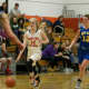 Pawling's Mackenzie Meissner (14) brings up ball, as North Salem's Katie McCormack (13) follows.