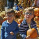 Two boys having fun in the pumpkin patch at Silverman's Farm.
