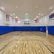 An indoor basketball court...