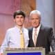 Michael Borecki of Darien, a competitor in the 2016 'Jeopardy Teen Tournament,' is with the show's host, Alex Trebek.