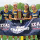 (L to R) Captains Stephanie Chadnick, Casey Gelderman, Emily Ankabrandt and Angela Kelly with the ECAC Championship trophy and banner.