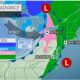 A look at areas expected to see rain (green) and snow showers (pink) during the height of the storm on Monday, Nov. 22.