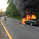 Fire crews from Mount Kisco and Bedford Hills were dispatched to a stretch of the Saw Mill River Parkway, where a car fire shutdown the roadway.