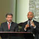Mariano Rivera presents New Rochelle City Manager Charles Strong with a Companion Bible.