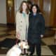 Julianne Moore, actress, with Betsy Biddle, Executive Director of Andrus on Hudson and Bailey, Therapy Dog at Andrus on Hudson. Julianne Moore was at Andrus on Hudson filming "Still Alice".