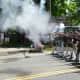 Revolutionary War re-enactors fire muskets during last year's Memorial Day Parade in Ridgefield.	 
