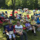 Fans look for shade on the lawn as they enjoy the music at Saturday's event.