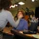 North Salem resident and make-up artist Suzanne Sandbank applies make-up to Pam Pooley.