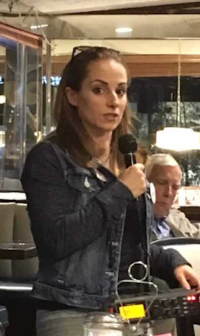 Nina Sherwood addresses a group of progressive Democrats at the Silver Star Diner in Norwalk.