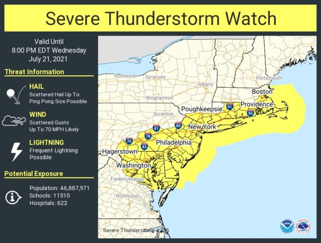 A look at areas covered by the Severe Thunderstorm Watch (in yellow).