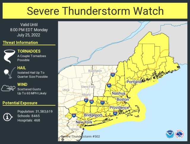 Areas in the Northeast (in yellow) covered by the Severe Thunderstorm Watch.
