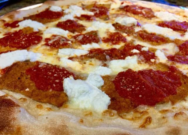 Eggplant rollatini pizza from Uncle Louie's, coming to Montvale.