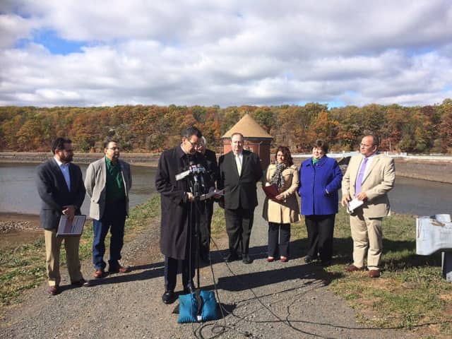 Gov. Dannel Malloy announces the six-county Drought Watch on Friday at a reservoir in New Britain.