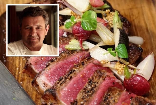 French chef Laurent Toroundel, inset, and prime beef from his restaurant BLT Steak.