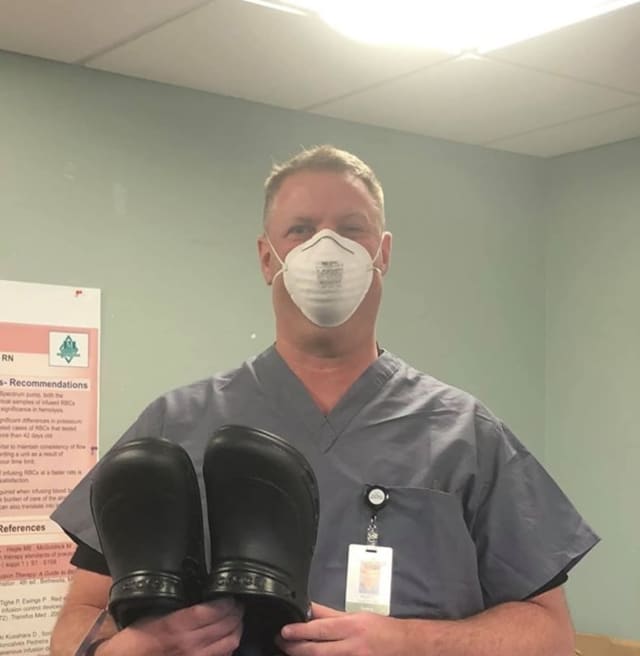 Persian Gulf war veteran and retired Park Ridge police officer Scott Laughton's second career is as a nurse on the front lines of the global war against coronavirus. He thanked Jamie Lynn for his new work Crocs at Holy Name Hospital in Bergen County.