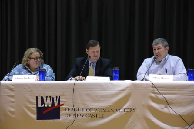 Left to right: Rhonda Kaufman, Warren Messner and Jeffrey Mester. The three are pictured at a candidates' forum.