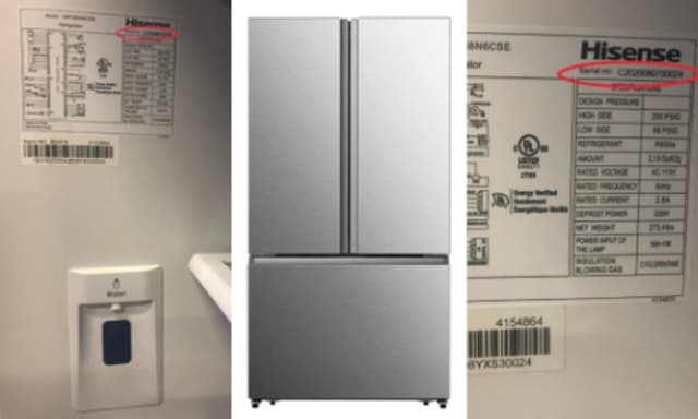 Images of the recalled refrigerator (center) and how to identify it's serial and model number